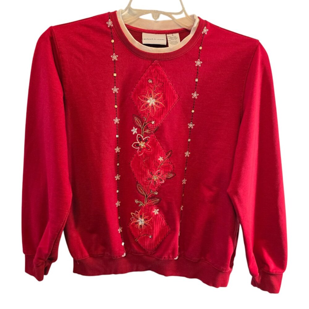 ALFRED DUNNER SIZE MEDIUM RED WHITE COTTON BLEND EMBROIDERED PULLOVER TOP COMFY